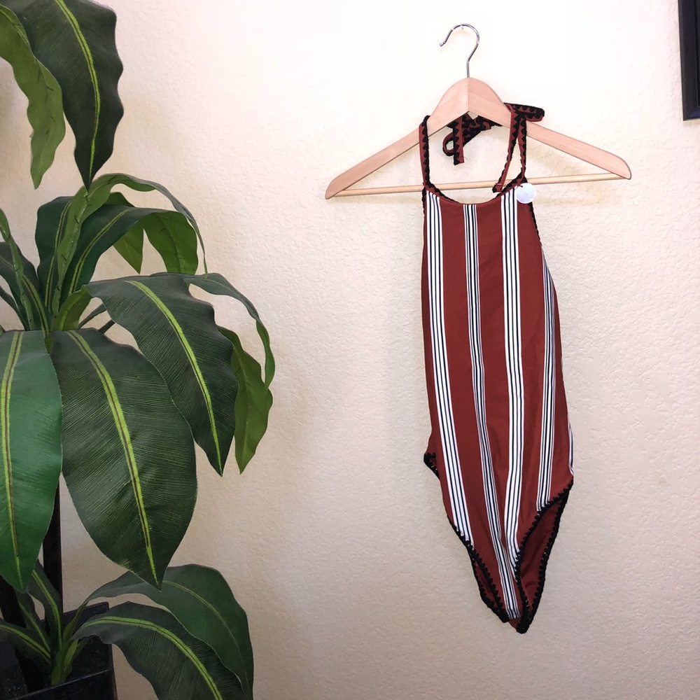 Striped Threaded-Trim One-Piece Swimsuit